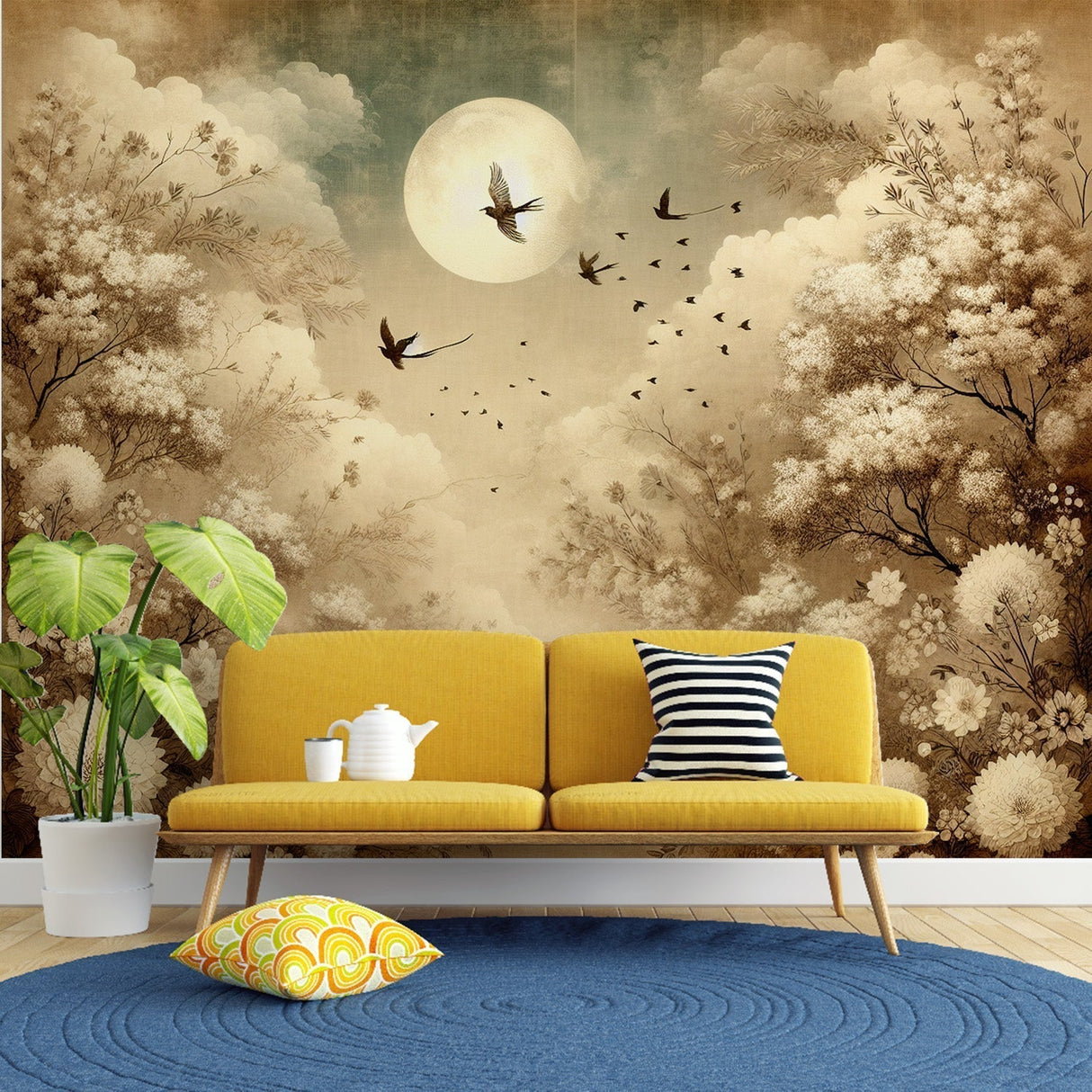 Birds Mural Wallpaper creating a peaceful atmosphere in a modern living room with soft sepia tones and moonlit effects