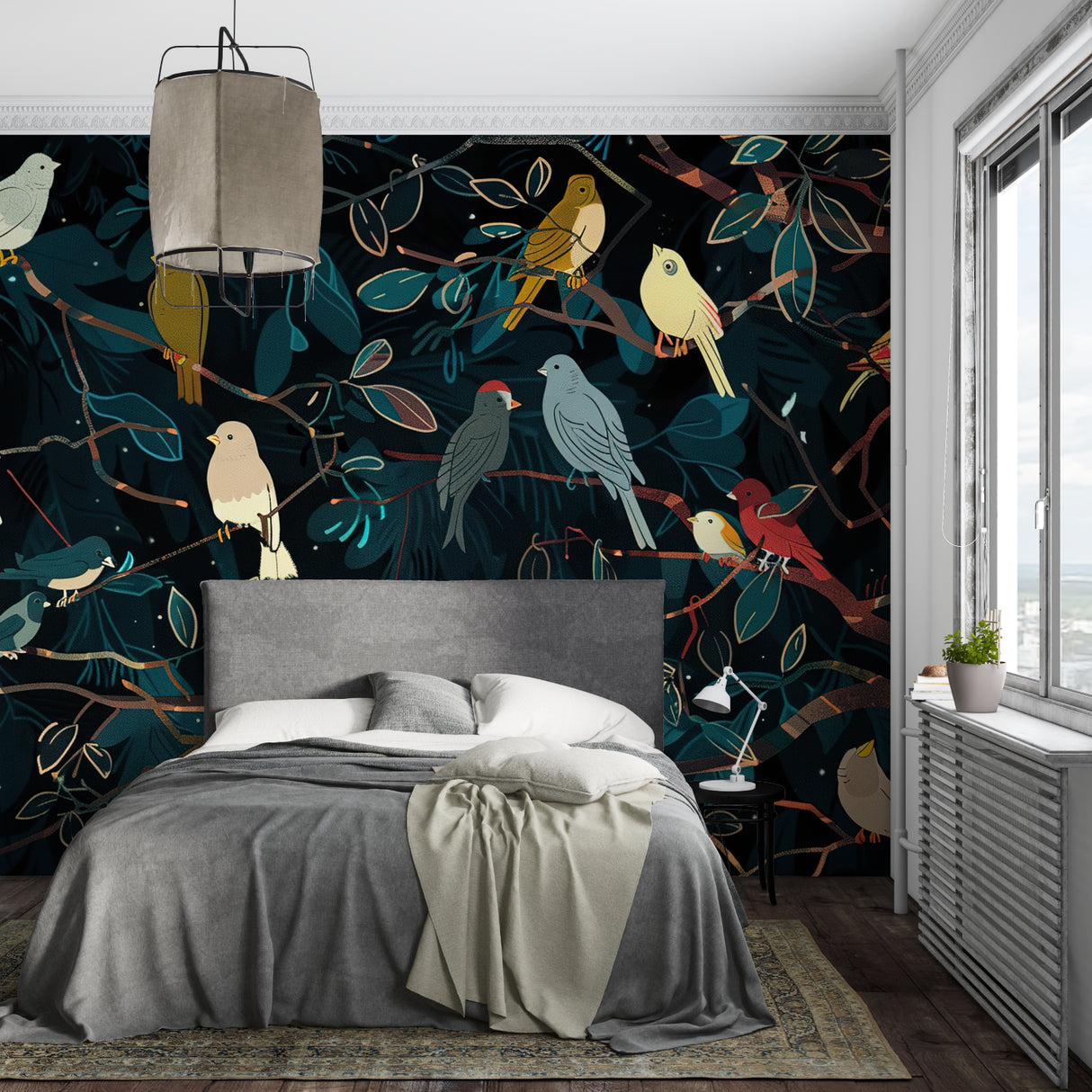 Birds wallpaper mural creating a cozy atmosphere in a modern bedroom with soft lighting