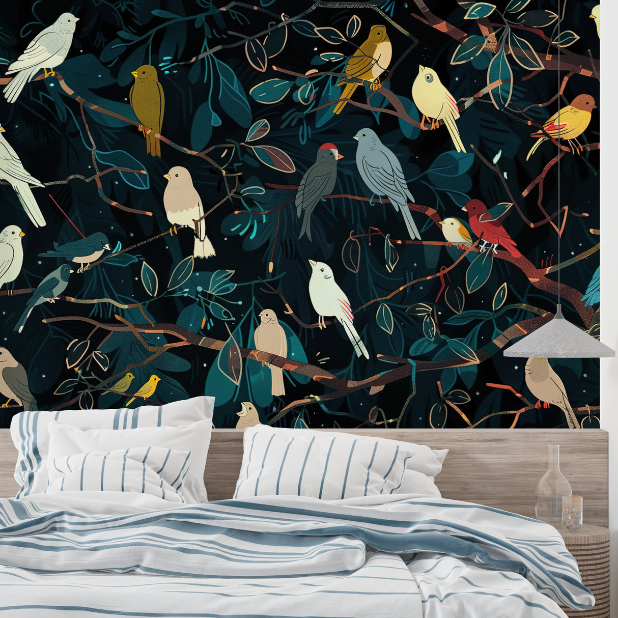 Nature bird wallpaper adding charm to a dining room with pendant lights