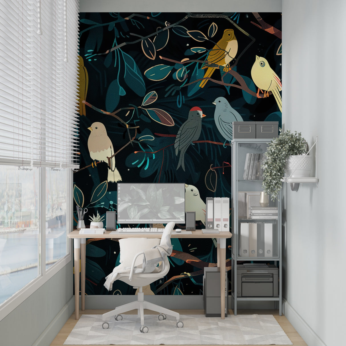 Forest birds wallpaper transforming a home office with natural elegance