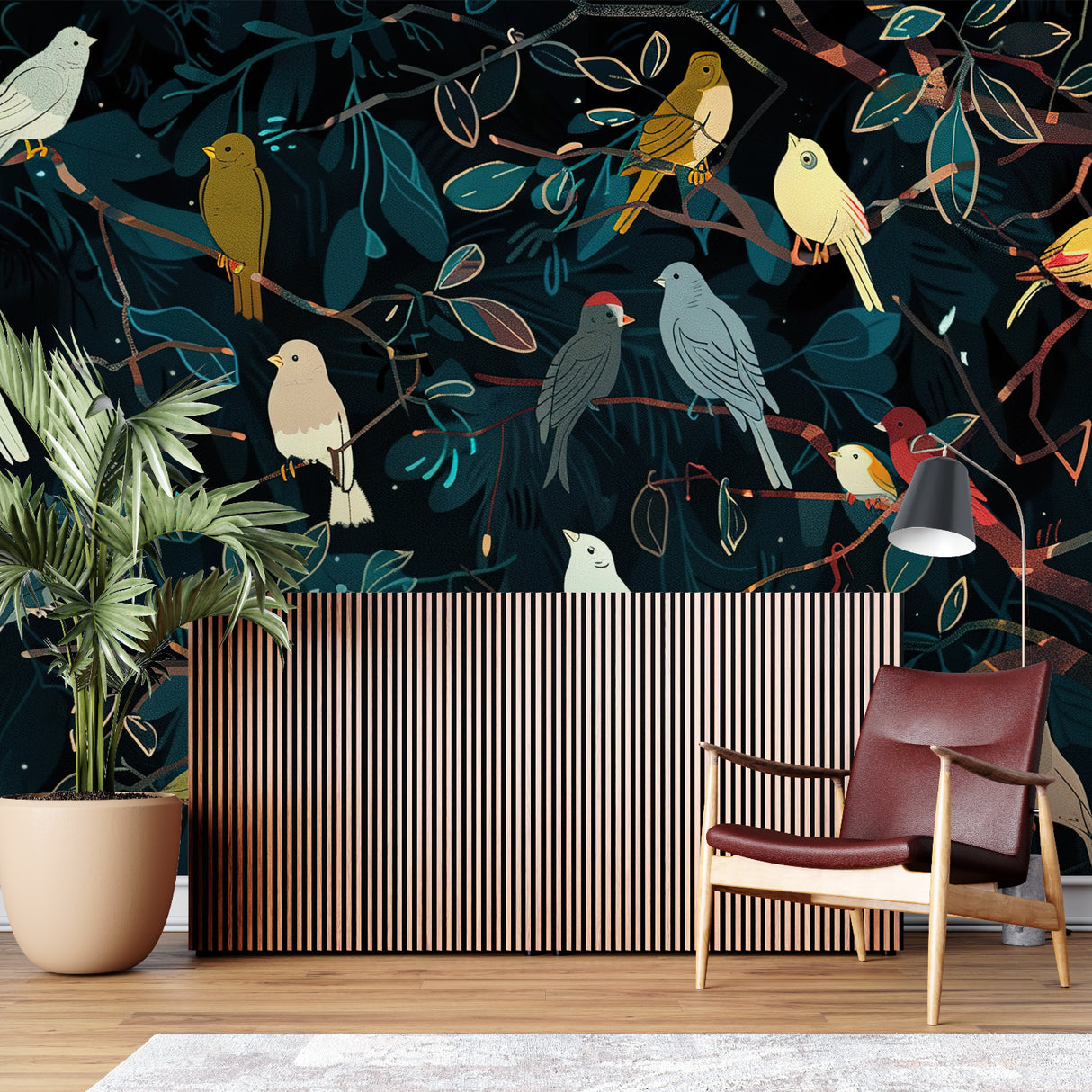 Birds mural wallpaper making a statement in a living room accent wall