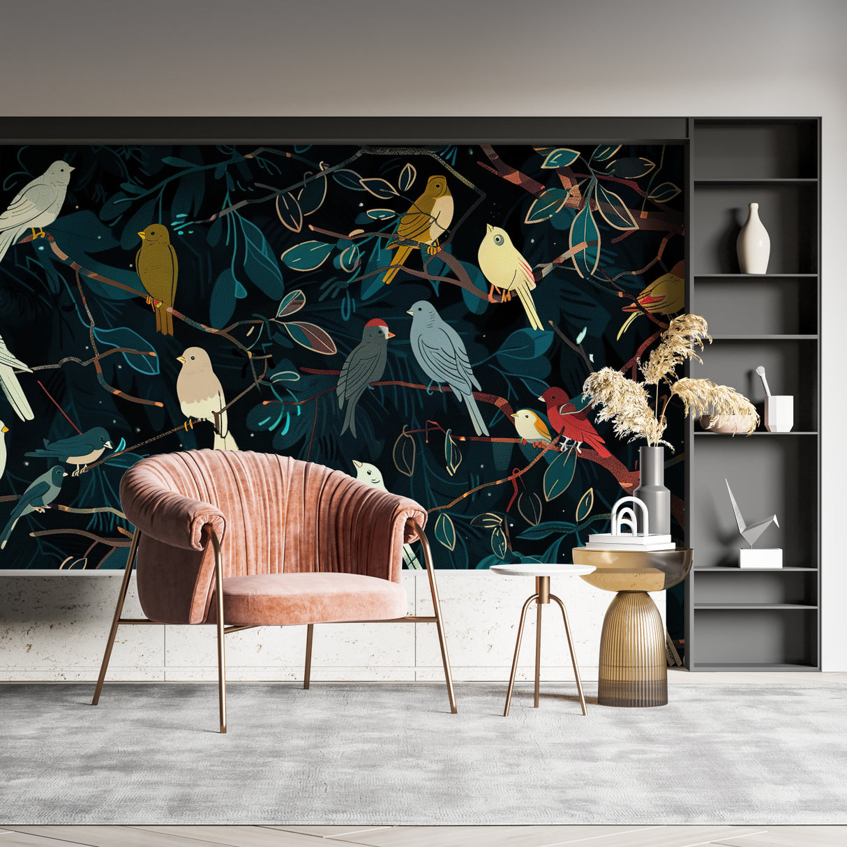 Night forest birds wallpaper creating depth in an entryway space