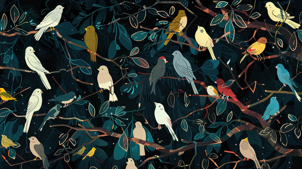 Birds in night forest wallpaper design file showing intricate pattern details and rich colors