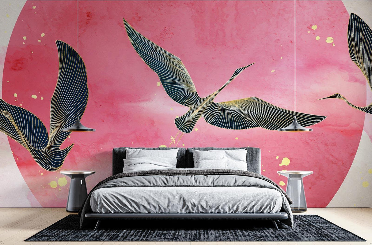Oriental birds wallpaper with pink moon creates a peaceful atmosphere in a modern bedroom setting