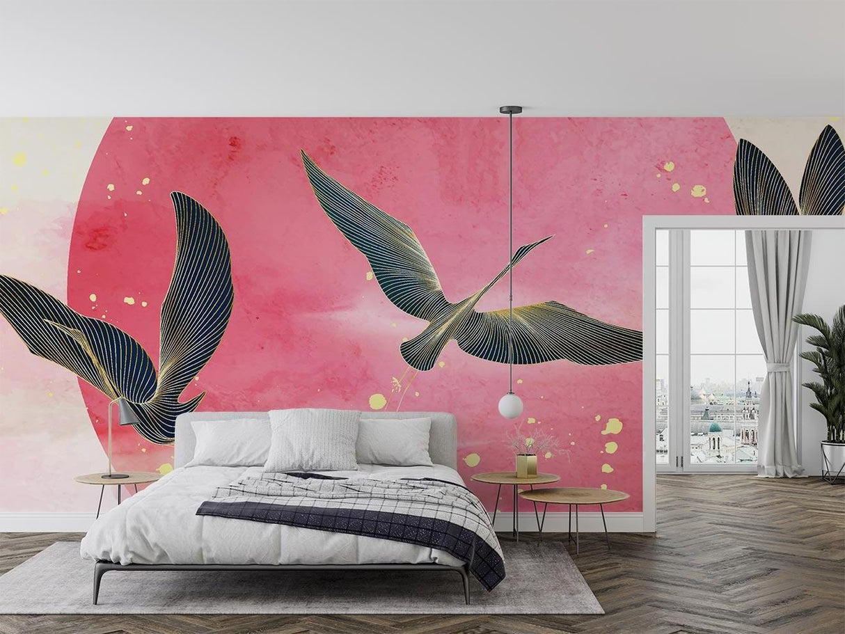 Japanese crane wall mural with gold accents adds elegance to a minimalist living room space