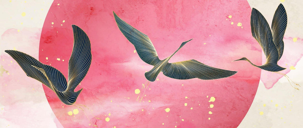 Oriental crane design file showing detailed pink moon and gold-touched bird pattern