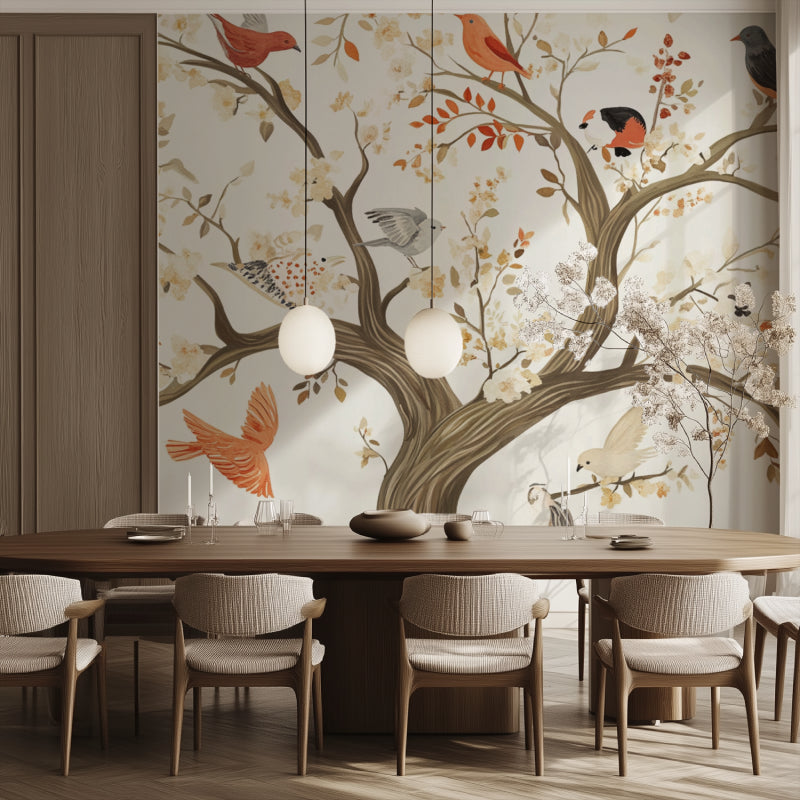 Orange birds wallpaper mural creating a zen feel in a modern living room with gray sofa