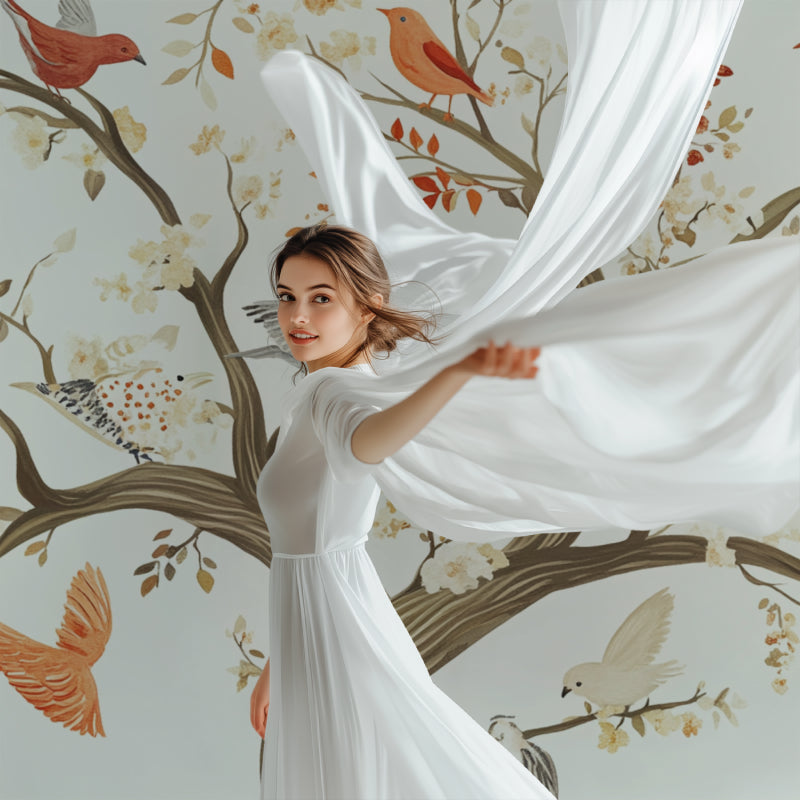 Bird wall mural bringing nature into a bright dining room setting