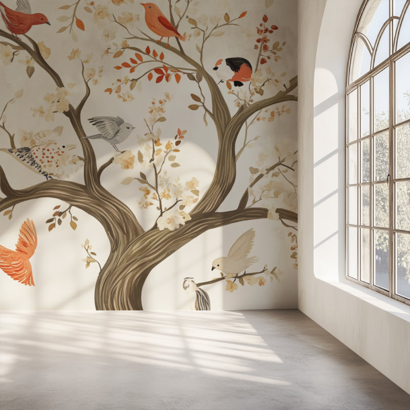 Oriental birds wallpaper adding warmth to a minimalist bedroom