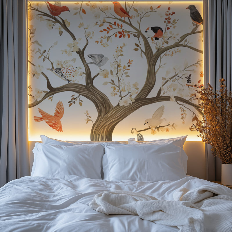 Tree and birds mural making a statement in home office space