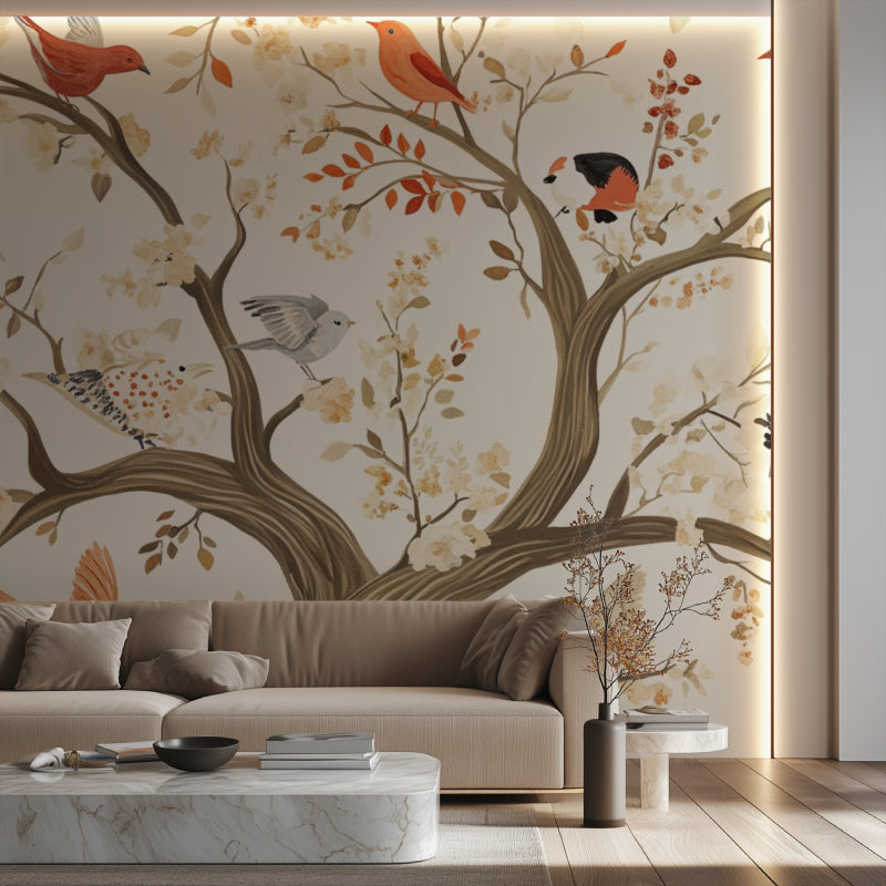 Nature wallpaper transforming an entry hallway with orange birds