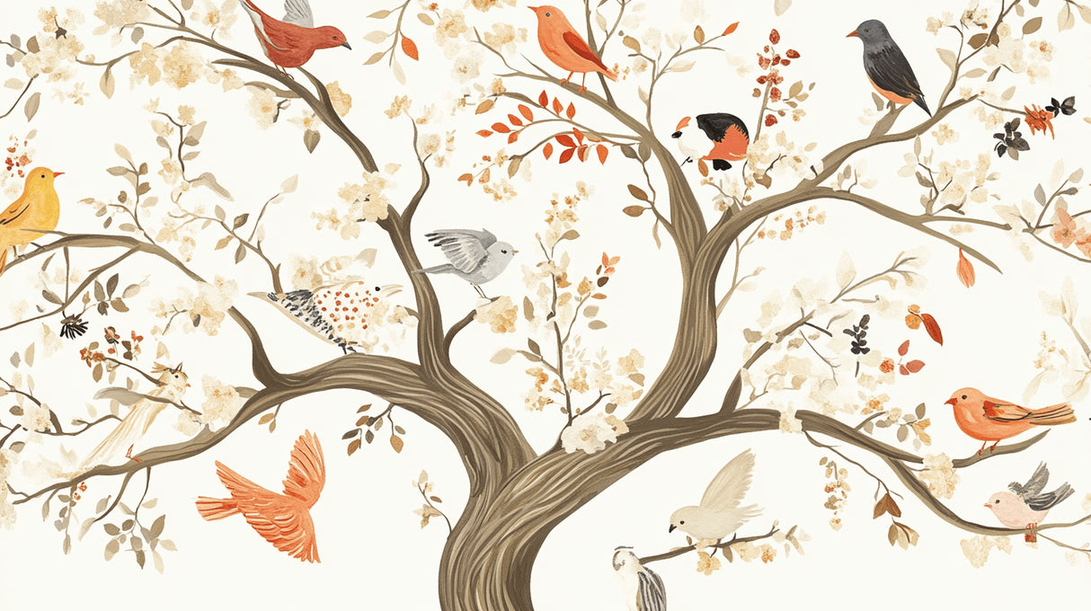 Design file showing detailed orange birds and cream blossoms on beige background