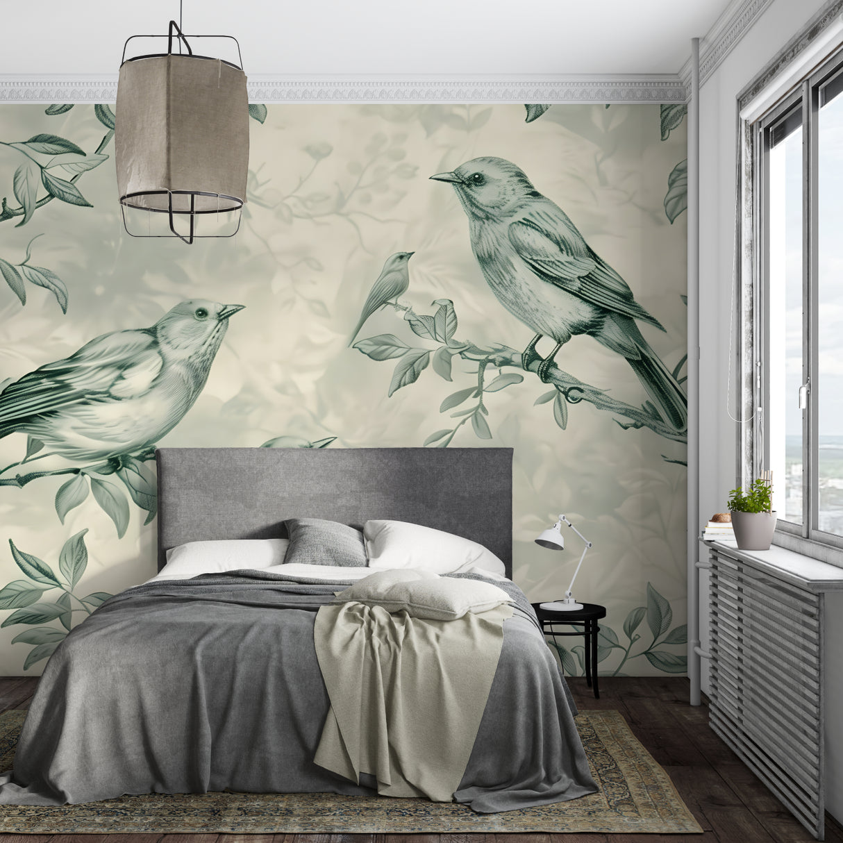 Sage green bird wallpaper creating a peaceful atmosphere in a modern living room