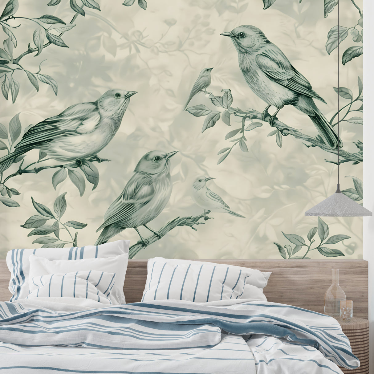 Bird pattern wallpaper bringing nature into a cozy bedroom setting