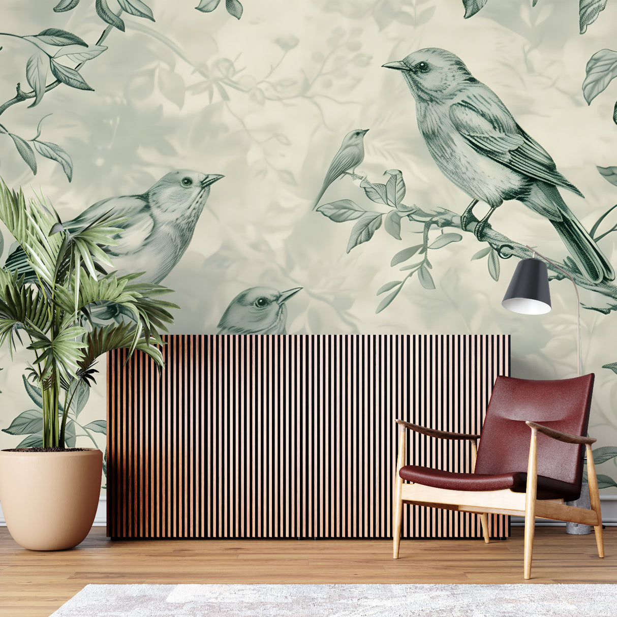 Botanical bird wallpaper transforming a home office with calm green tones