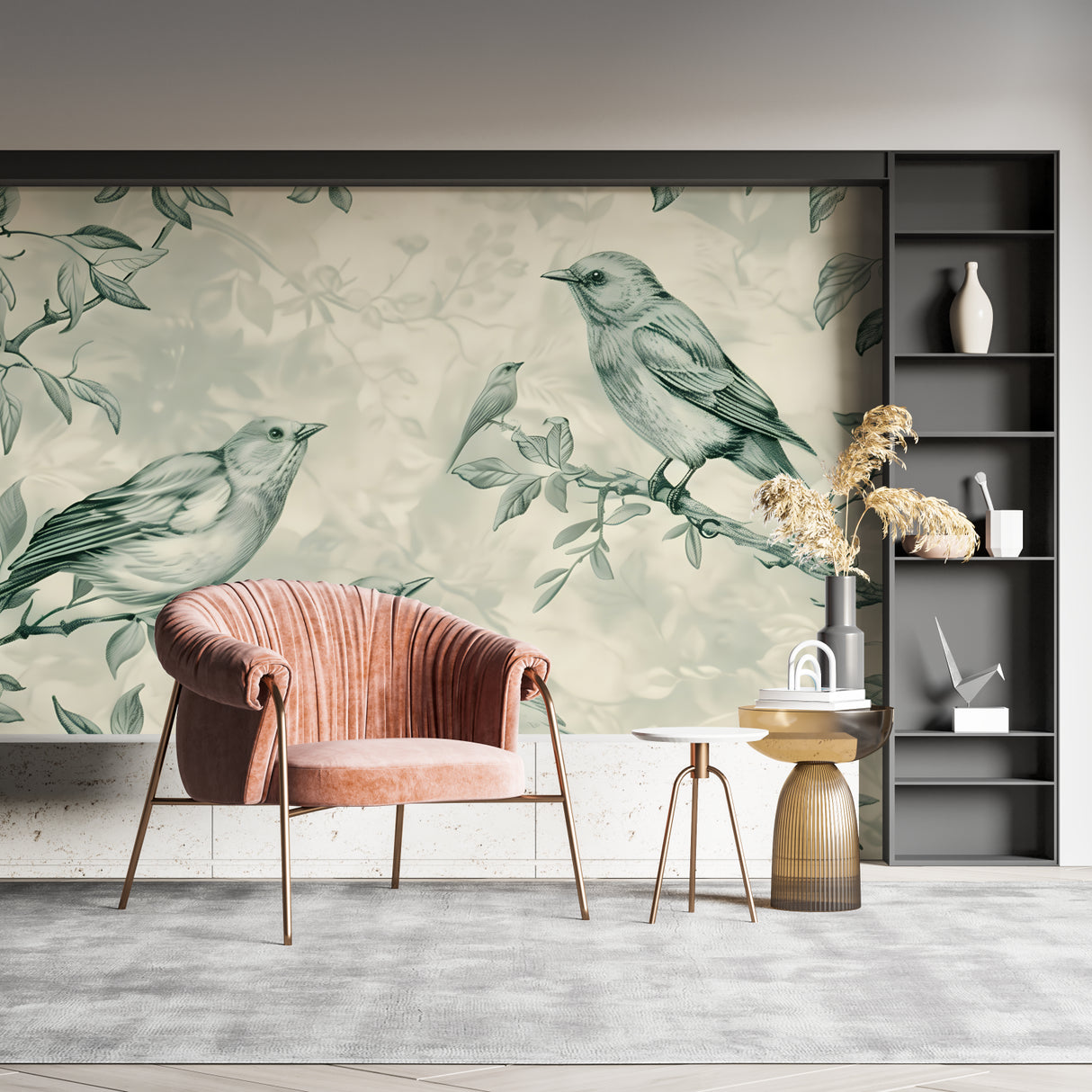 Nature inspired bird mural making a dining room feel fresh and alive