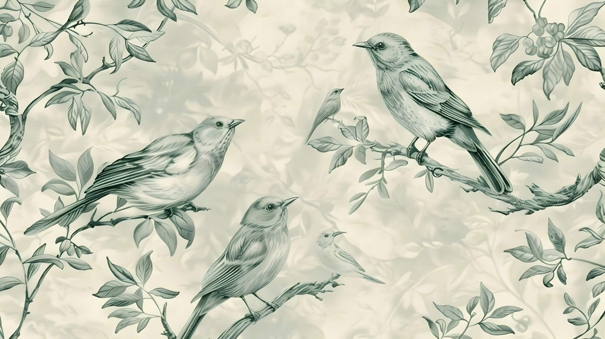 Detailed design file showing intricate bird and botanical pattern in sage green tones