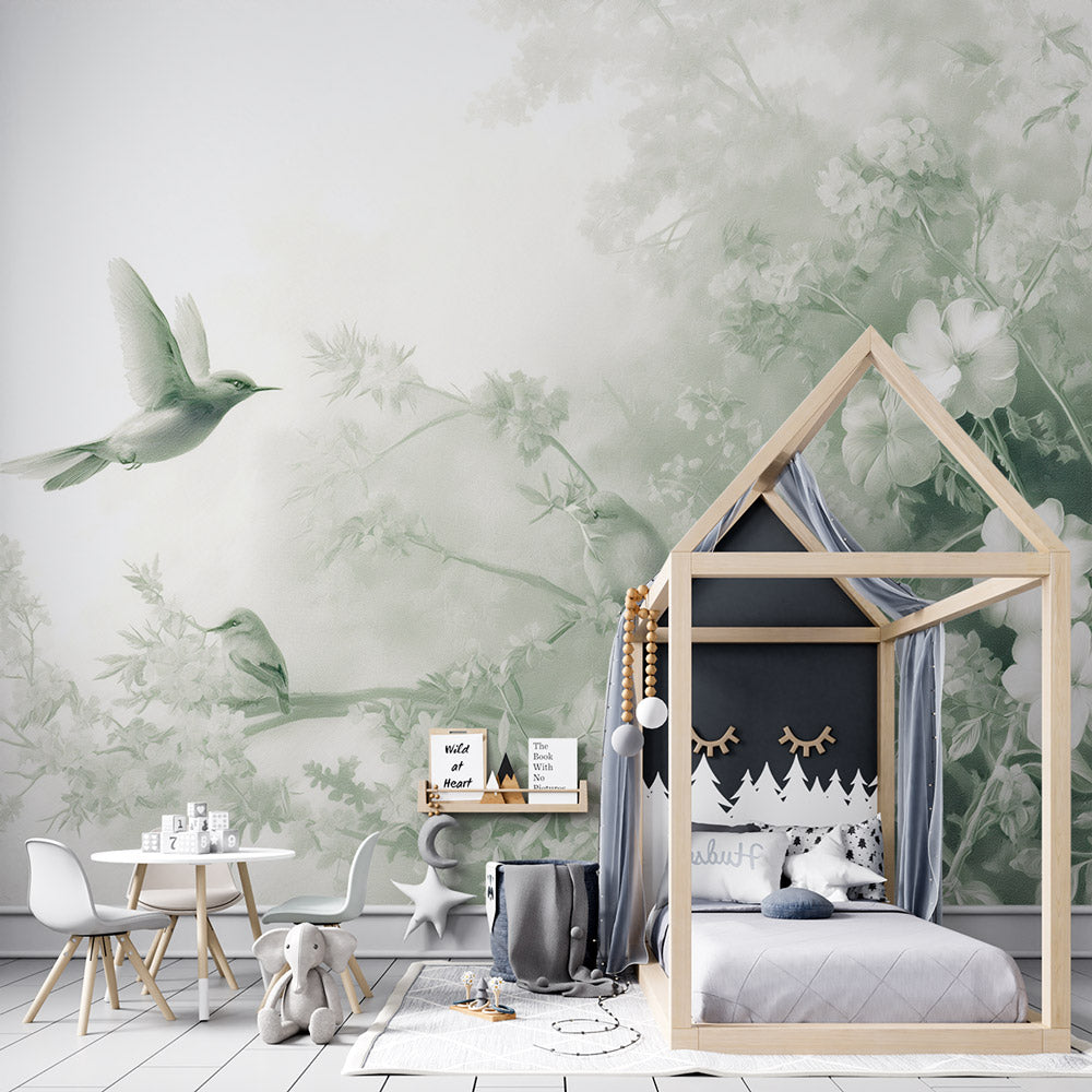 Birds wallpaper in bright modern living room showing hummingbirds and sage green florals