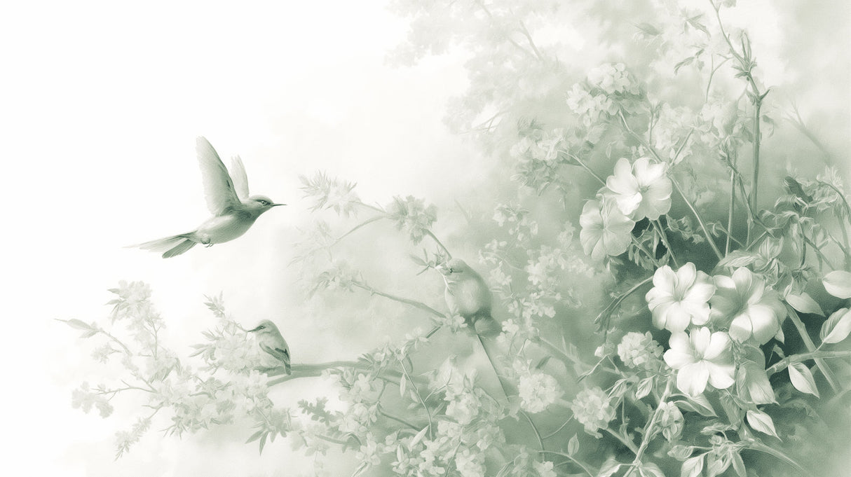 Nursery featuring green botanical bird wallpaper creating peaceful atmosphere