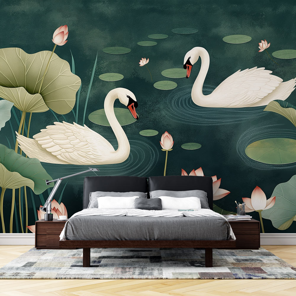Swan lake wallpaper mural in an elegant master bedroom, creating a serene atmosphere with emerald and white tones