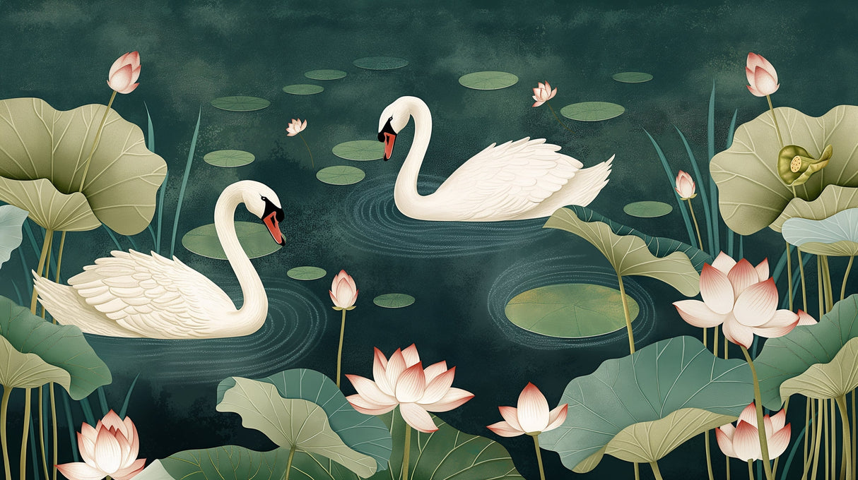 Swan and lotus design file showing intricate details of emerald lake pattern with white swans