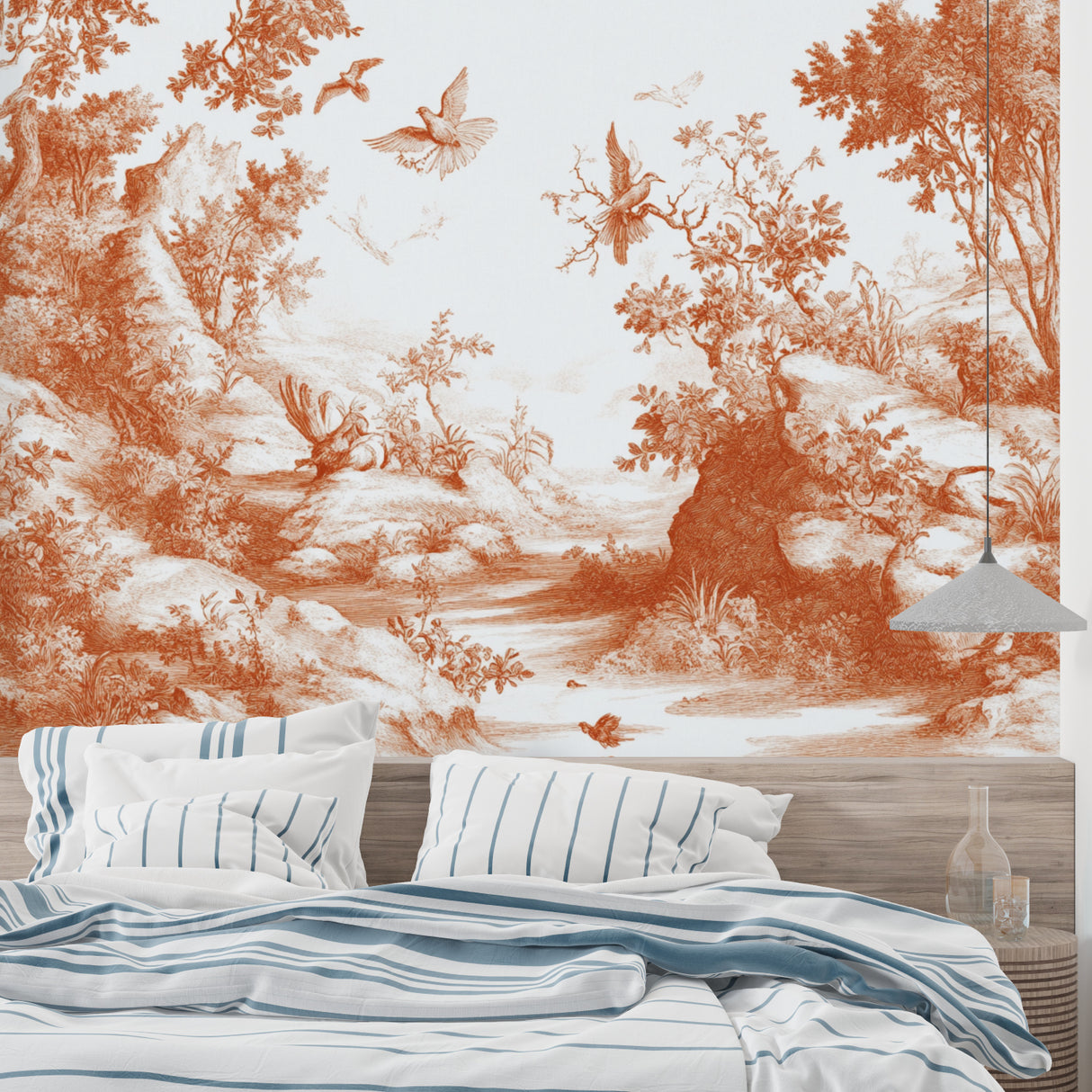Terracotta birds wallpaper in modern living room with beige sofa and natural light showing warm forest tones
