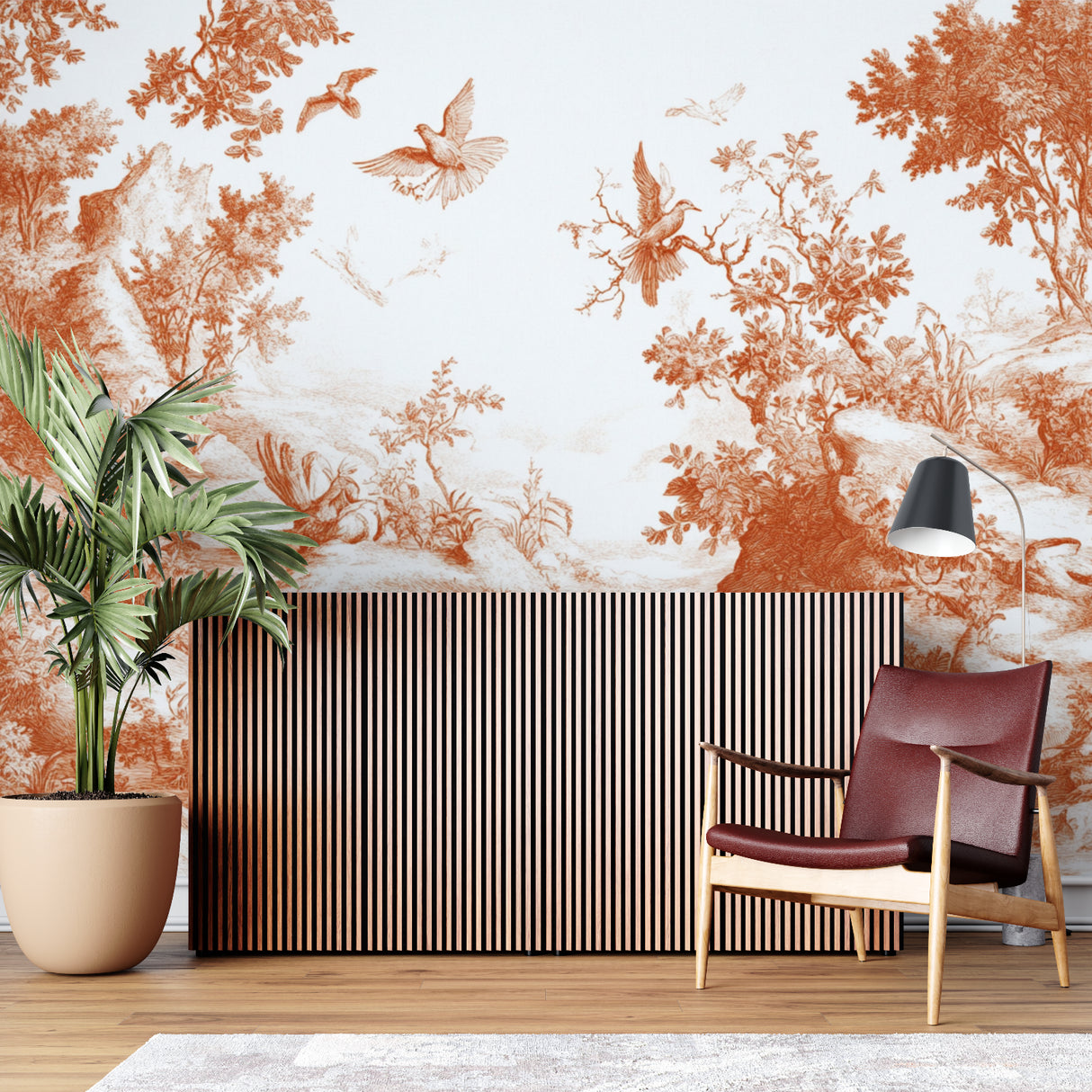 Terracotta forest wallpaper creating depth in dining room with vintage furniture