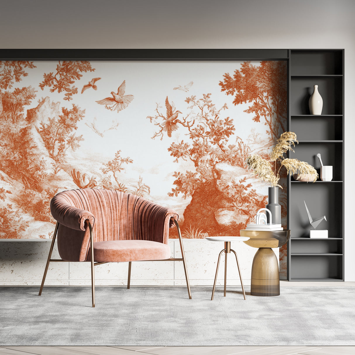 Bird wallpaper detail in hallway showcasing the warm terracotta color palette