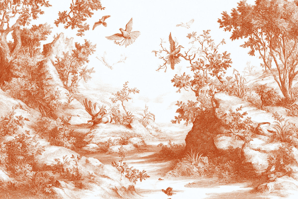 Terracotta birds in forest design file showing intricate pattern detail and full mural layout