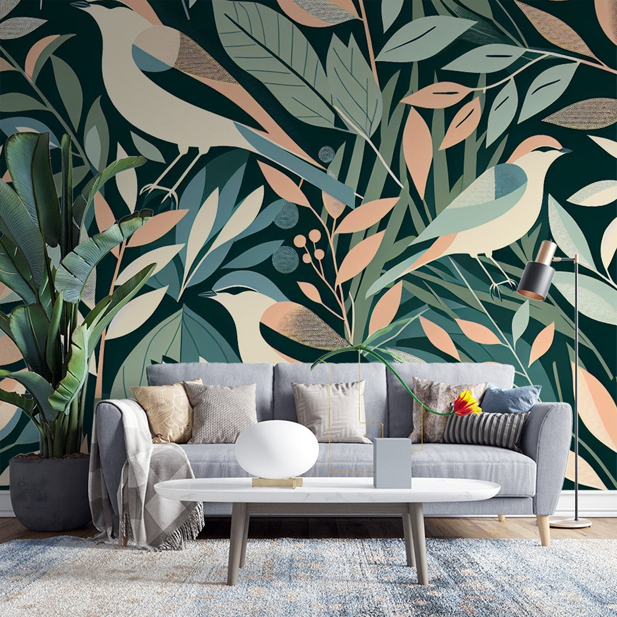 Tropical birds wallpaper creating a calm sanctuary in a bright modern living room with natural light