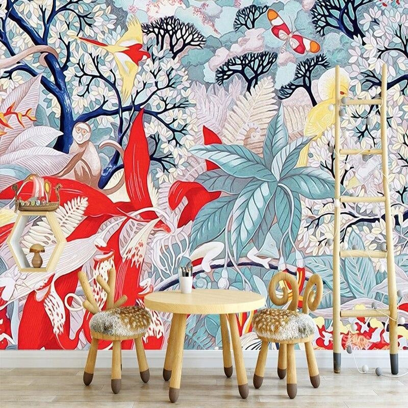 Tropical birds wallpaper with yellow canaries bringing life to a modern living room with natural light