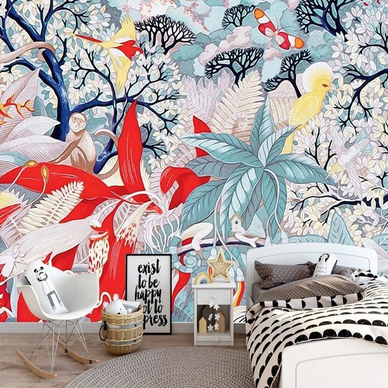 Forest birds mural creating a peaceful atmosphere in a cozy bedroom setting