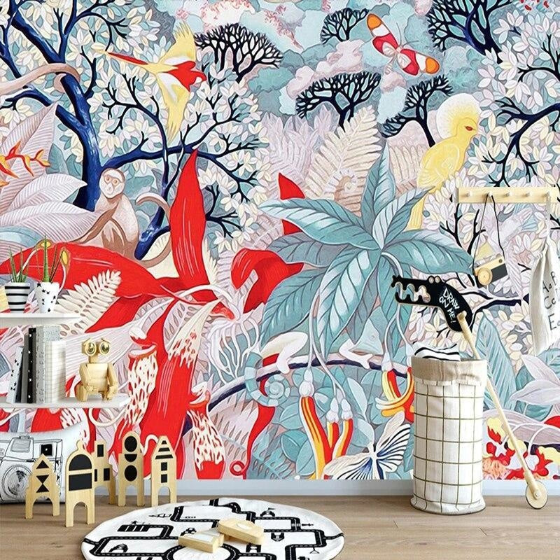 Yellow canaries wallpaper transforming a home office into a natural paradise