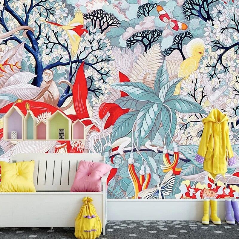 Tropical forest wallpaper with birds adding charm to a dining room wall