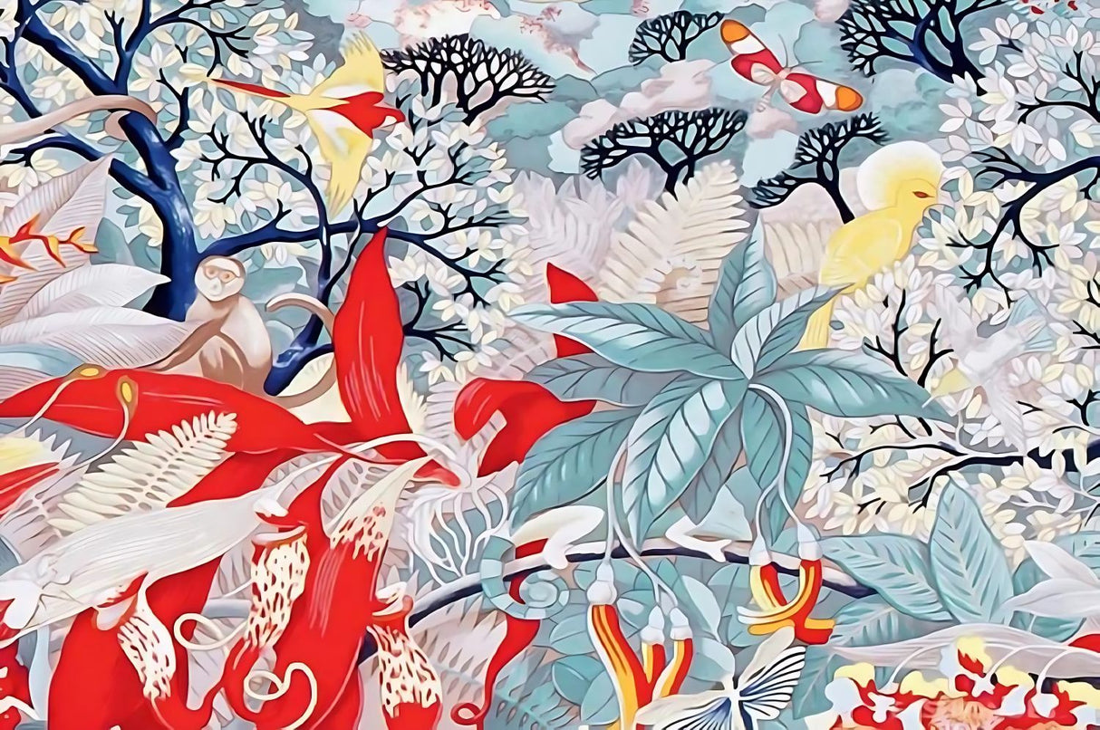 Design file showing detailed yellow canaries among red foliage and blue leaves pattern