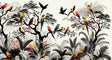 Tropical birds wallpaper bringing life to a modern living room with grey sofa and natural light