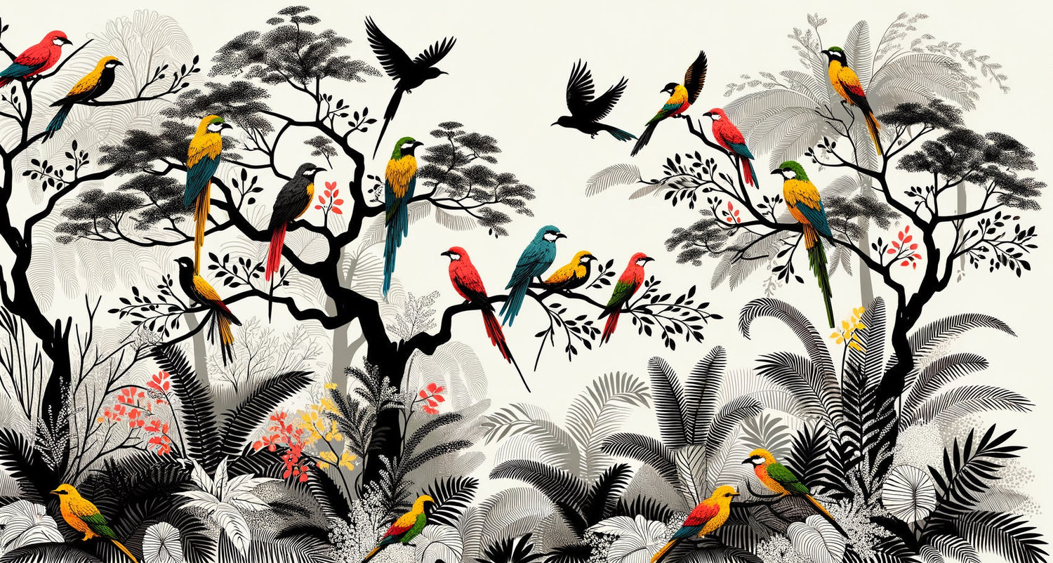 Tropical birds wallpaper bringing life to a modern living room with grey sofa and natural light