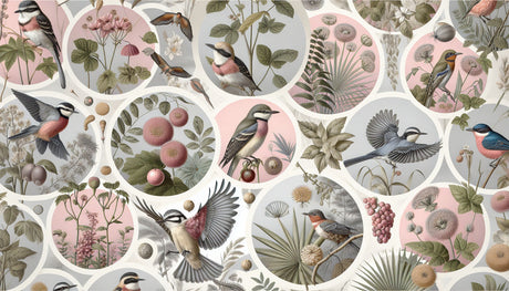 Bird and botanical circles design file showing detailed vintage illustrations and pattern repeat