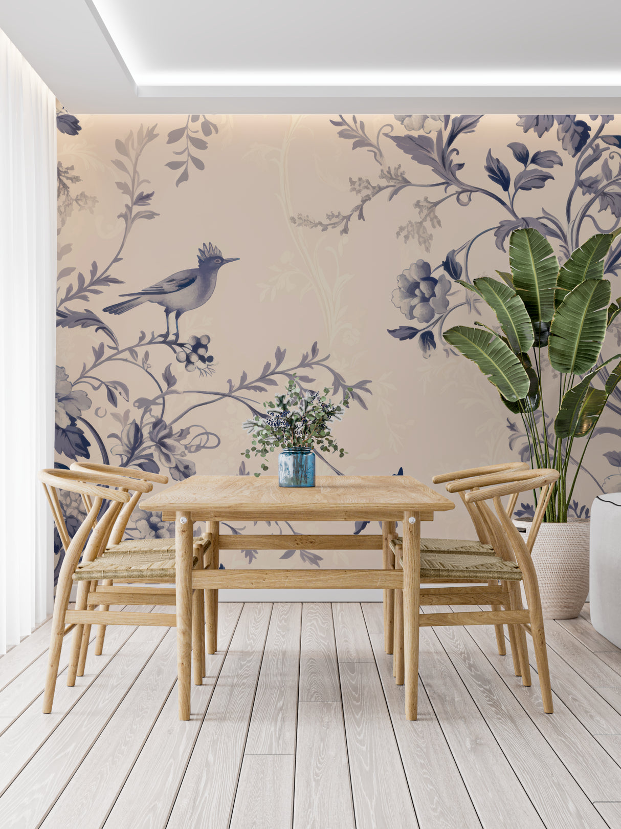 Vintage Bird Wallpaper with floral design adding elegance to a modern dining room