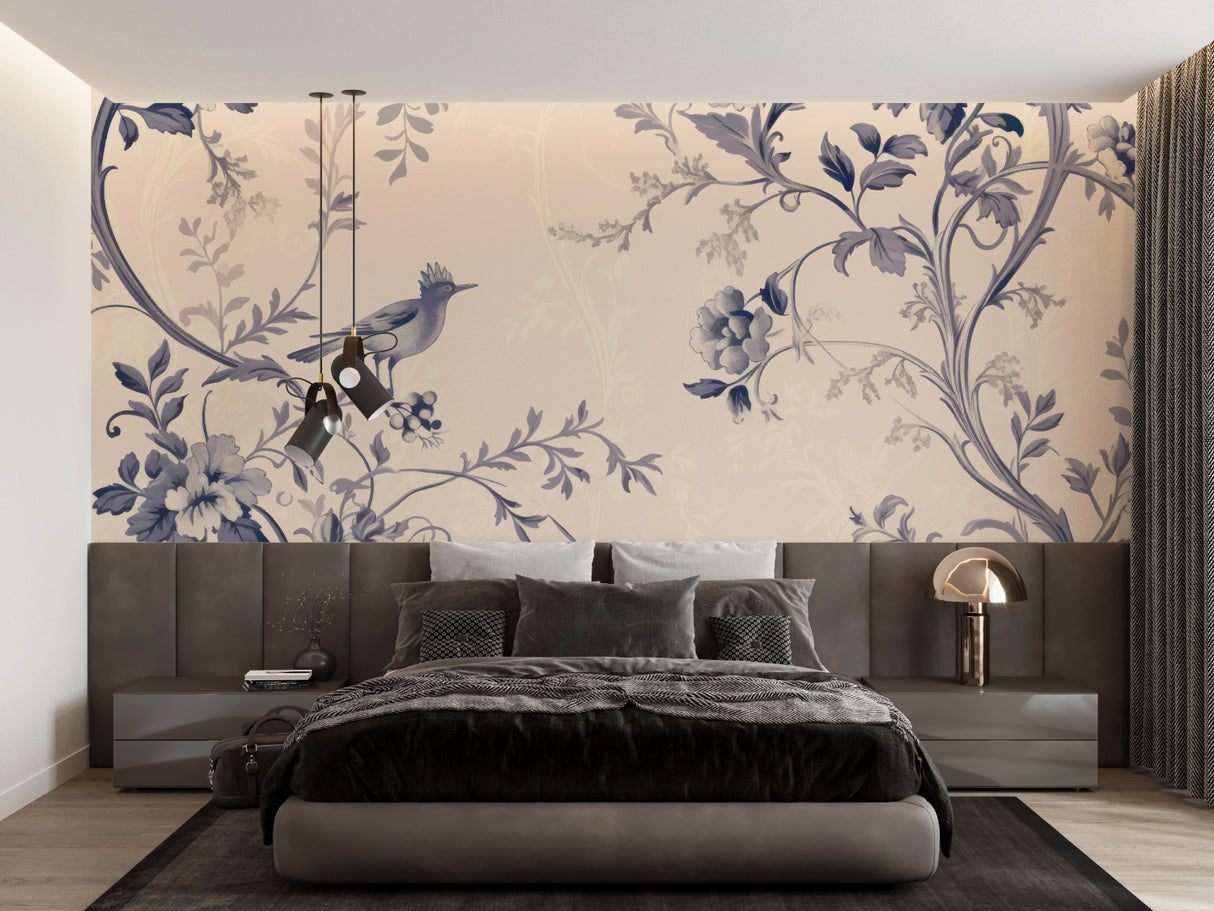 Classic toile Bird Wallpaper making a statement in a cozy bedroom