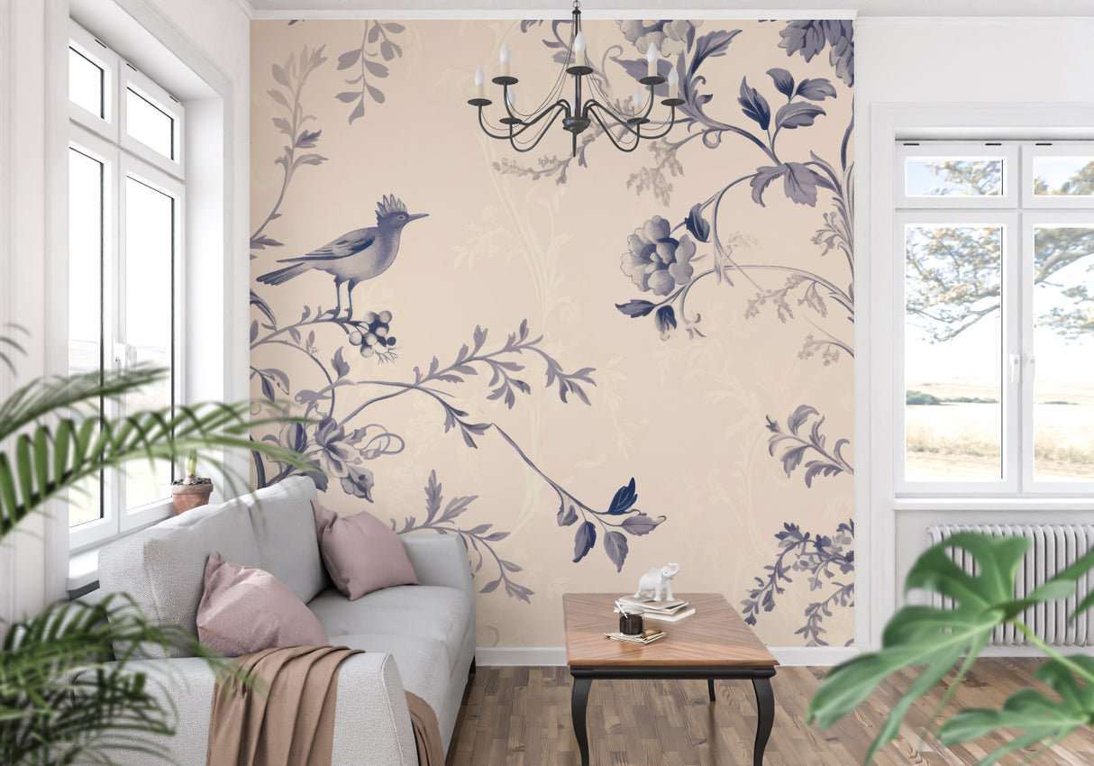 Blue and beige Bird Mural featuring vintage floral patterns in a home office setting