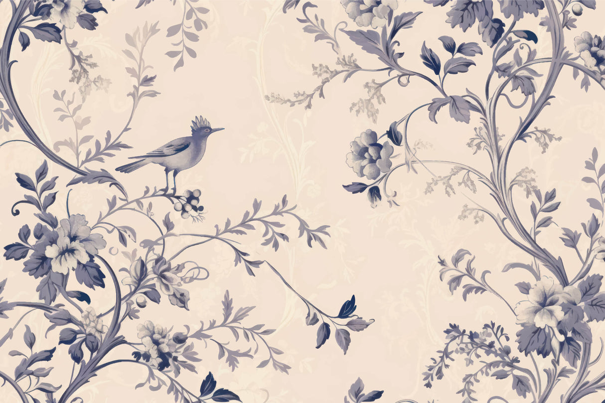 Detailed design file of Bird Wallpaper showing intricate blue and beige floral pattern with graceful birds