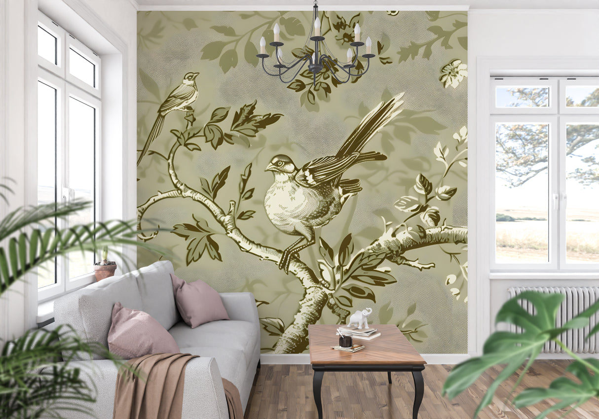 Vintage bird wallpaper creating an elegant atmosphere in a bright living room with classic furniture