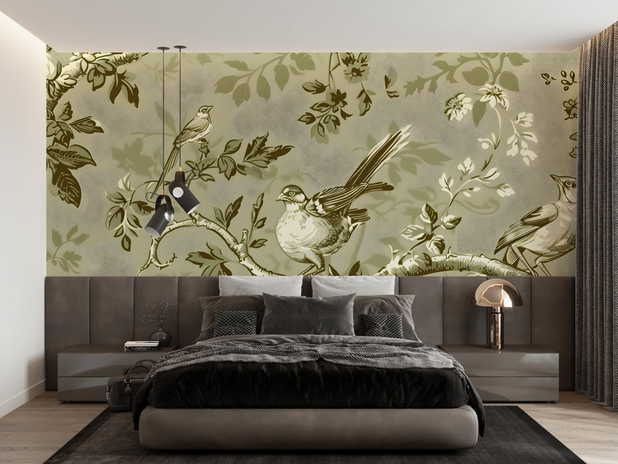 Sage green toile bird pattern bringing French charm to a modern dining room setting