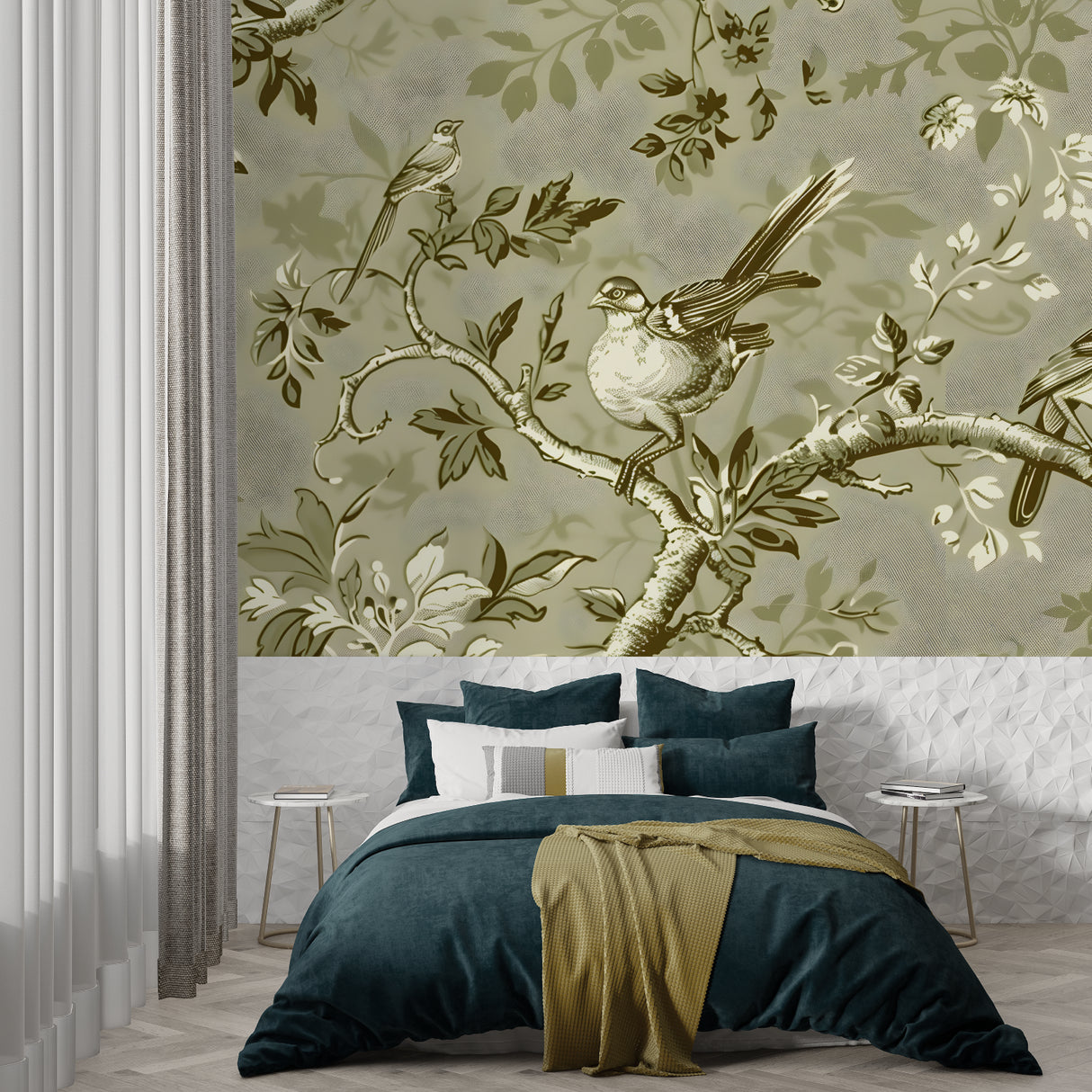 Toile de Jouy bird mural adding sophistication to a neutral bedroom space