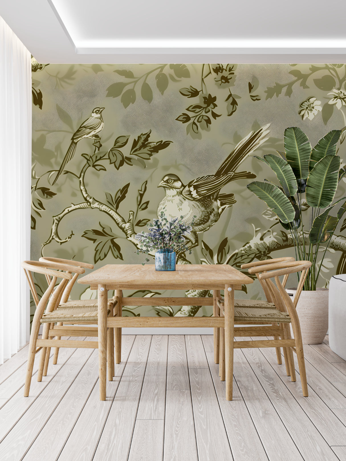 Nature-inspired bird pattern creating depth in a home office setting