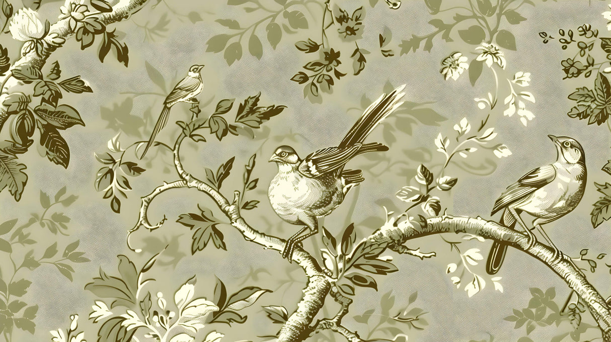 Design file showing intricate details of sage green vintage bird pattern with botanical elements