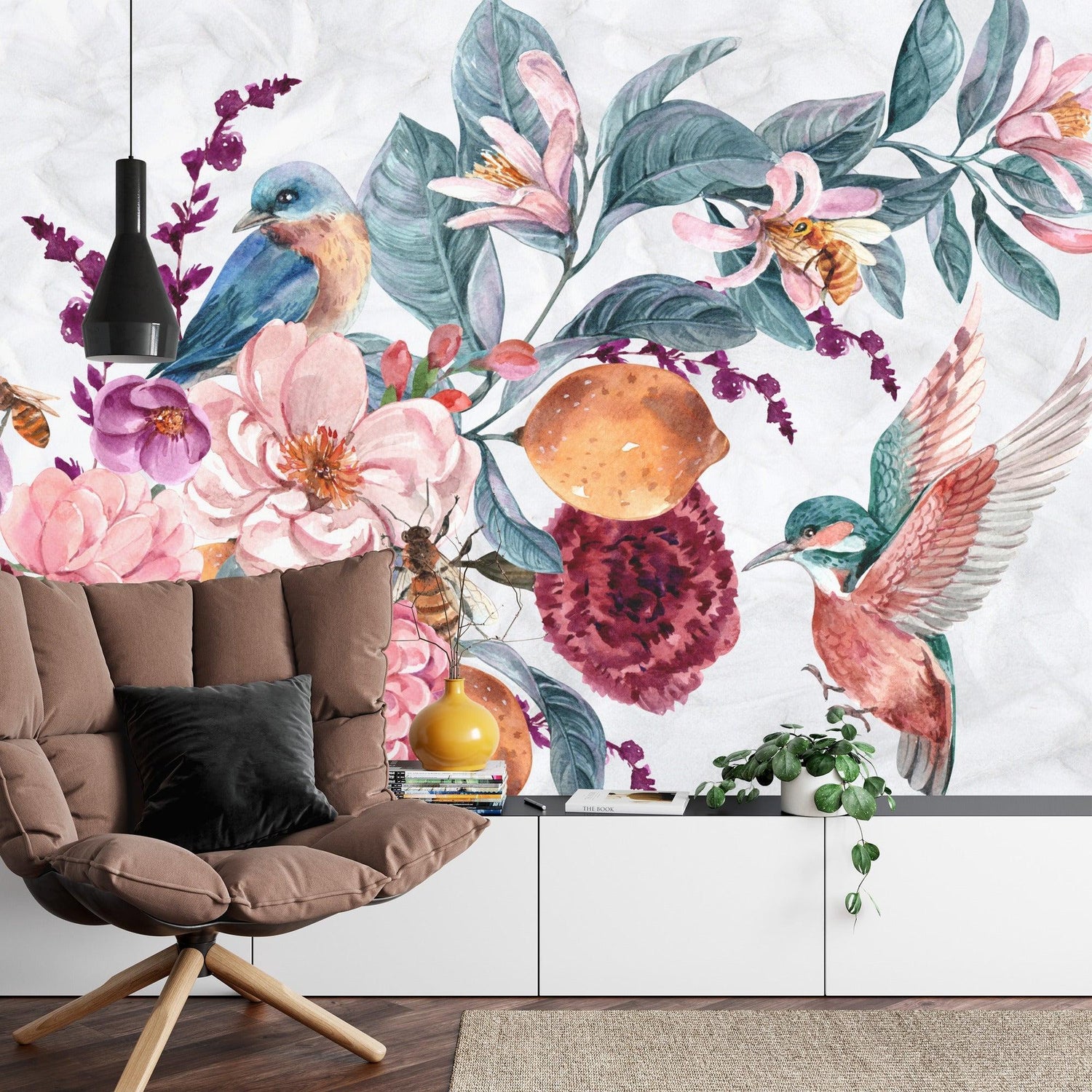 Hummingbird and floral mural wallpaper adding charm to a modern living room setting
