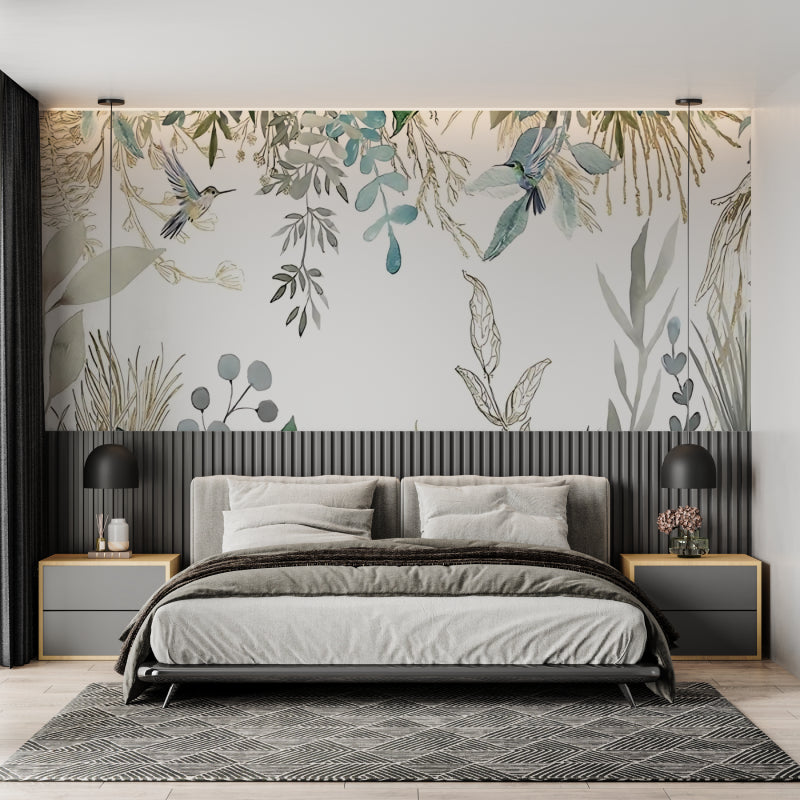 Tropical birds wallpaper creating a peaceful sanctuary in a modern living room with natural light