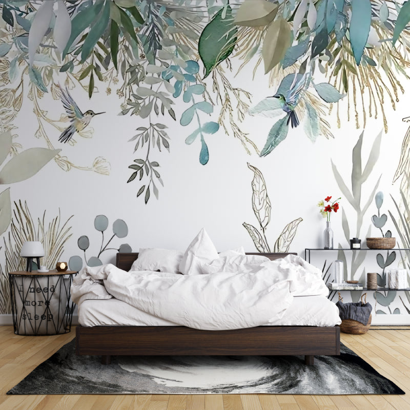 Hummingbird wall mural bringing nature into a cozy bedroom setting